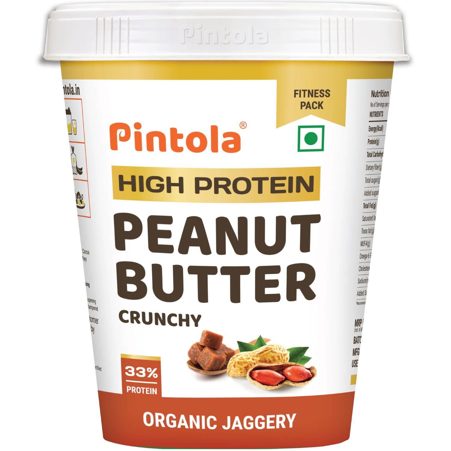 Pintola HIGH Protein ORGANIC JAGGERY Peanut Butter Crunchy 1kg With 33g Protein & 7g Fiber, Whey Protein Peanut Butter, Vegan Gluten Free, Zero Added Salt, Cholesterol Free, 100% Roasted Peanuts